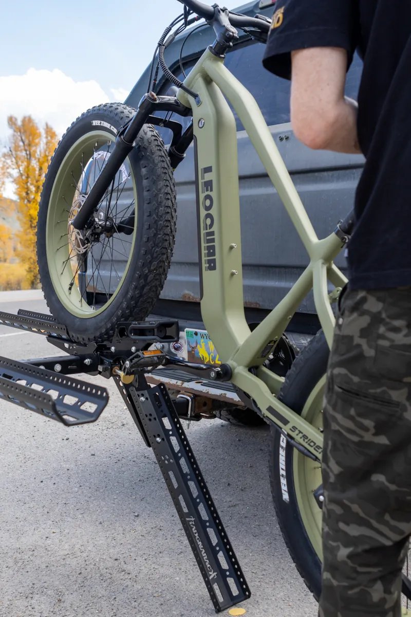 E-bike wheel rolling onto the RadGnaRack ramp